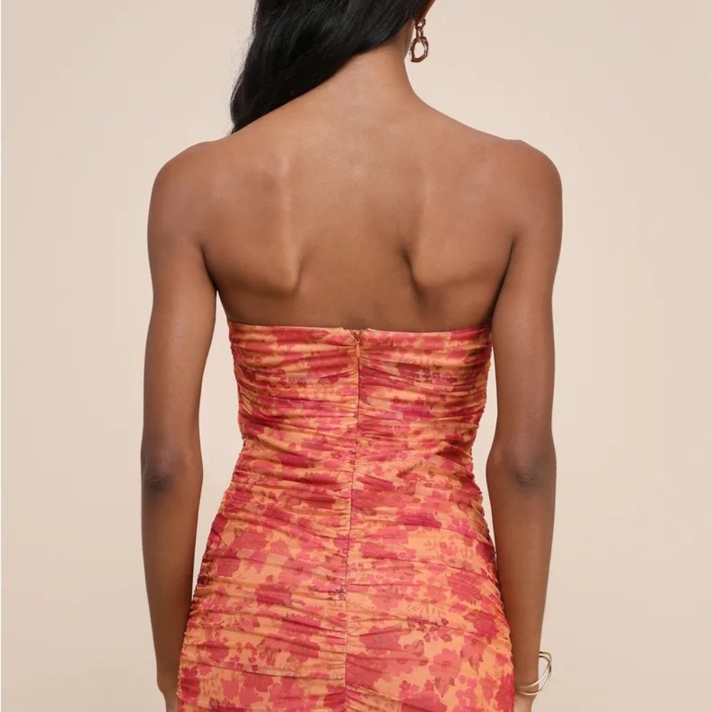 Lulu's Orange and Pink Strapless Ruched Bodycon Dress - Picture 3 of 4